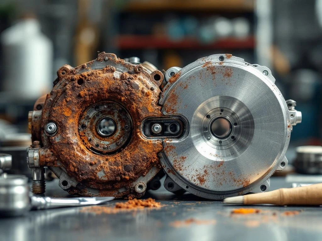 Rostiges Metallteil vor und nach der Restaurierung mit Reparaturwerkzeugen auf Werkbank