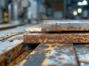Verwitterte Metalloberflächen zeigen Korrosionsstadien von sauberem Stahl bis Rost mit Luftfilteranlage im Hintergrund