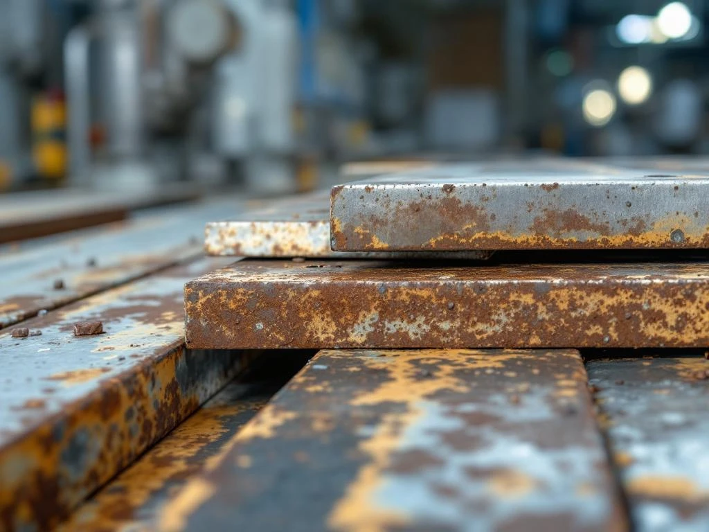 Verwitterte Metalloberflächen zeigen Korrosionsstadien von sauberem Stahl bis Rost mit Luftfilteranlage im Hintergrund