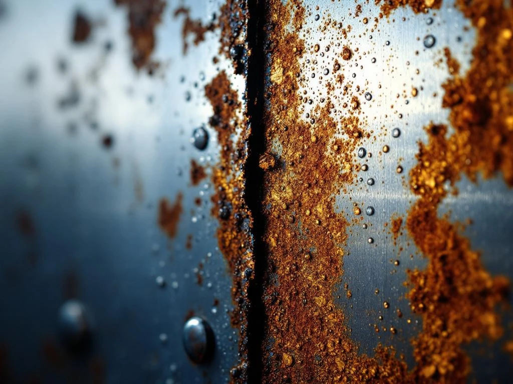 Industrielle Metalloberflächen im Vergleich: rostige Korrosion links, glänzender Schutzlack rechts mit Wassertropfen