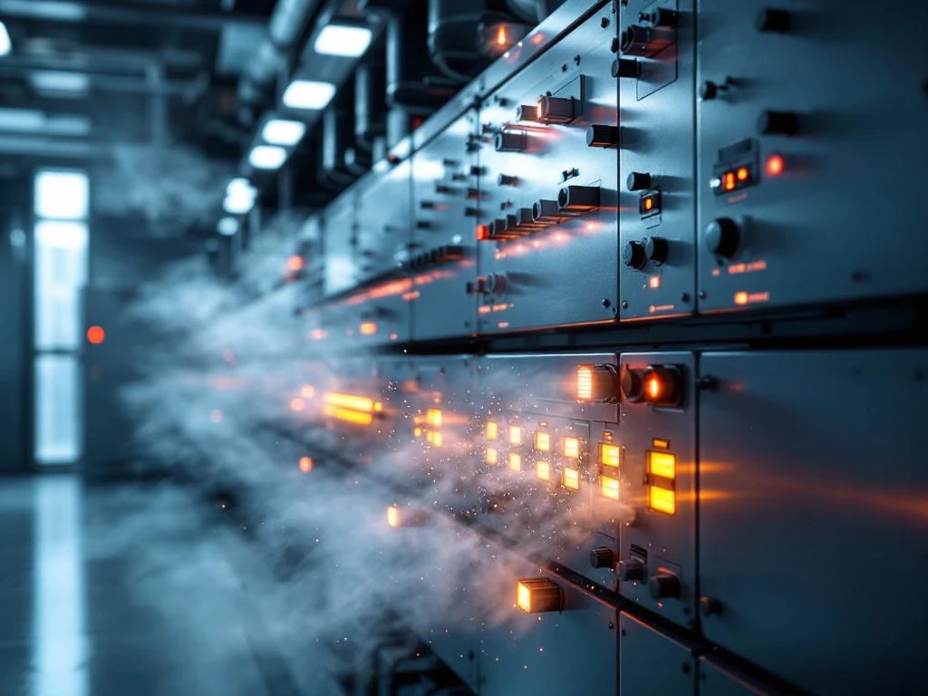 Moderne elektrische Schaltanlage mit metallischen Oberflächen und sichtbaren Gasen, Luftfilteranlage im Hintergrund