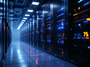 Serverraum mit schwarzen Racks und blauen LED-Lichtern, sichtbare Staubpartikel und Kondensation, gelbe Temperaturwarnungen