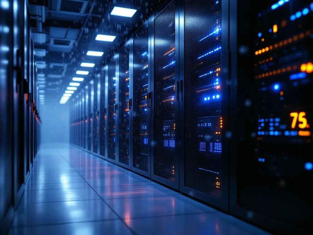 Serverraum mit schwarzen Racks und blauen LED-Lichtern, sichtbare Staubpartikel und Kondensation, gelbe Temperaturwarnungen