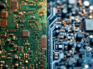 Elektronische Leiterplatten mit Korrosionsschäden links und sauberen, geschützten Schaltkreisen rechts im Vergleich