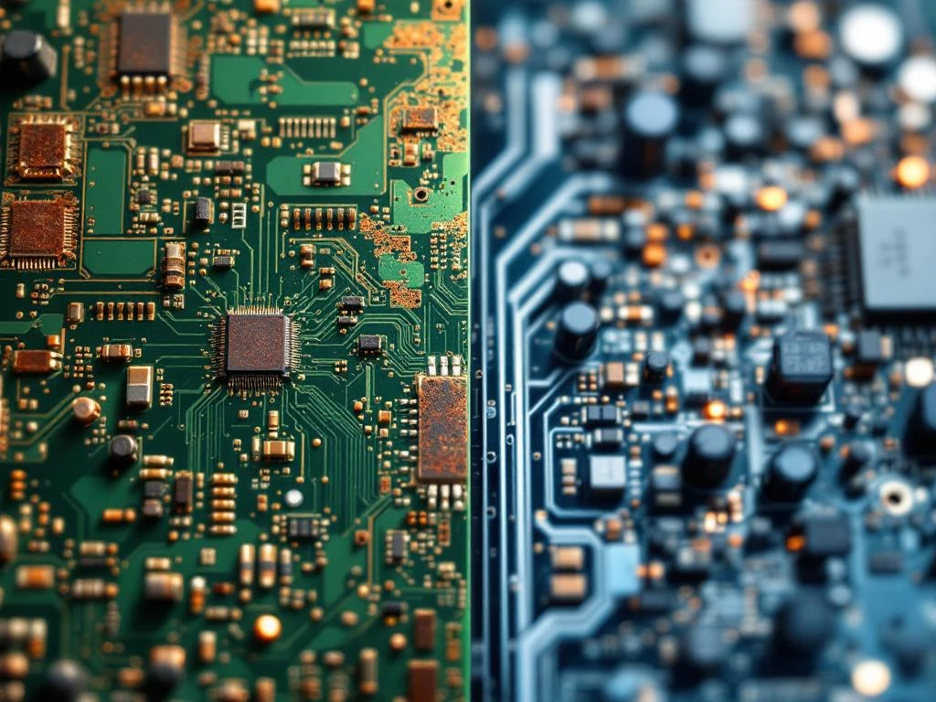 Elektronische Leiterplatten mit Korrosionsschäden links und sauberen, geschützten Schaltkreisen rechts im Vergleich