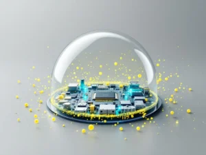 Elektronische Platine mit blauen LEDs unter transparenter Schutzbarriere gegen gelbgrüne Korrosionsgase