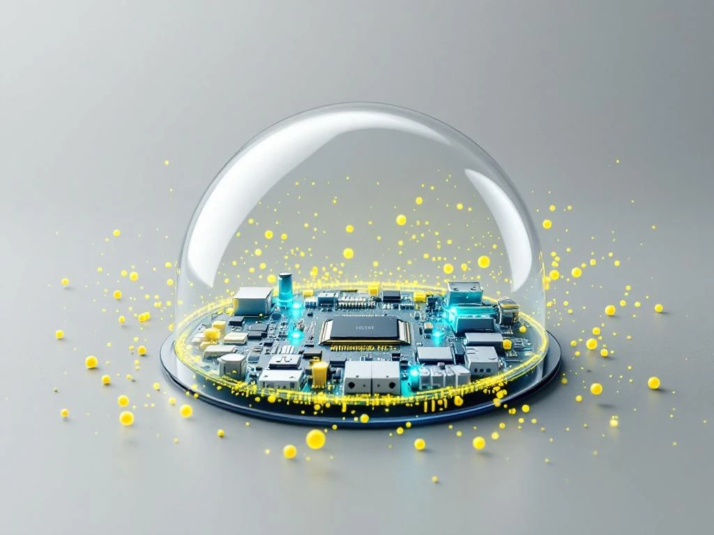 Elektronische Platine mit blauen LEDs unter transparenter Schutzbarriere gegen gelbgrüne Korrosionsgase