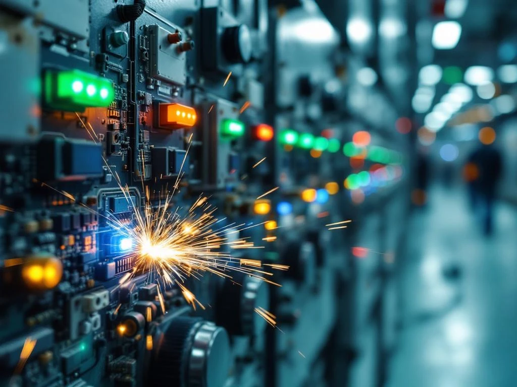 Korrodierte Industriesteuerung mit defekten Platinen, Funken und Warnleuchten in moderner Produktionsanlage