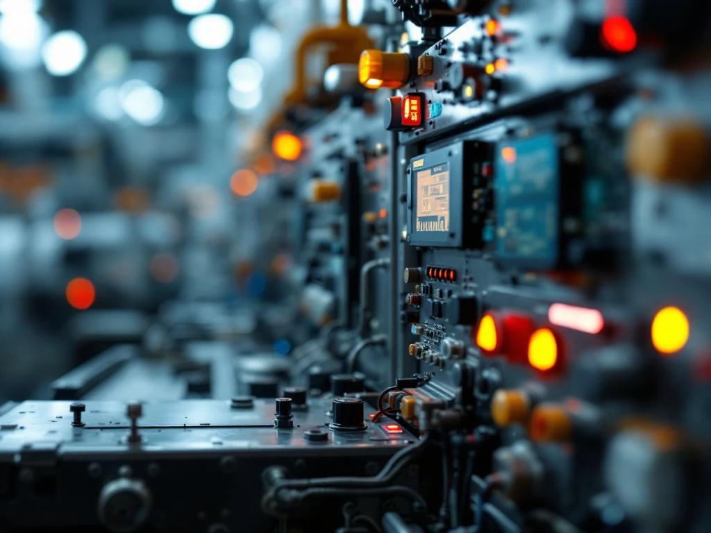 Industrielles Steuerungspanel einer Papierfabrik mit korrodierten Elektronikkomponenten und Oxidationsschäden