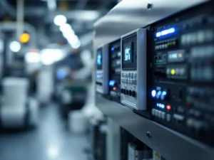 Industrielle Steuerungspanels mit Luftfiltersystemen in einer Papierfabrik, LED-Anzeigen und Schaltkreise sichtbar