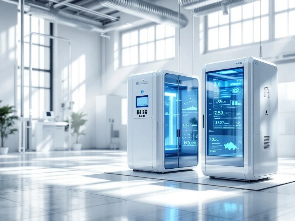 Moderne Industrieanlage mit Luftqualitäts-Überwachungsgeräten in sauberem Labor mit blauen Akzentlichtern