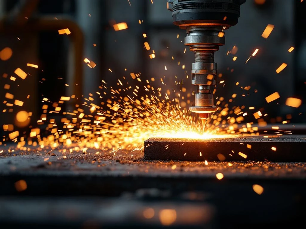 Metallschleiffunken sprühen von Industriemaschine in dunkler Werkstatt mit Metallstaub und Werkzeugen