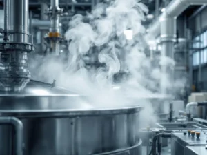 Industrielle Papierherstellungsanlage mit Dampfemissionen aus Metallbehältern und Verarbeitungsmaschinen in moderner Fabrik