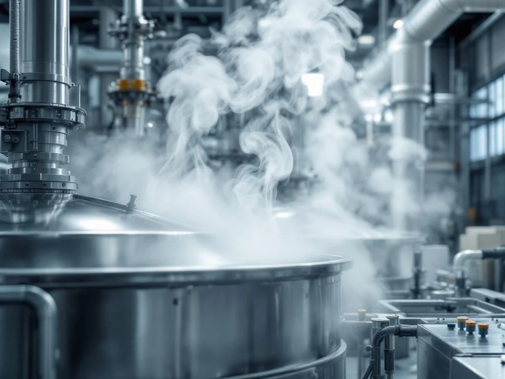 Industrielle Papierherstellungsanlage mit Dampfemissionen aus Metallbehältern und Verarbeitungsmaschinen in moderner Fabrik