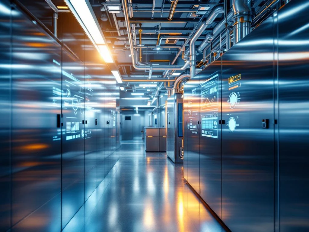 Moderne petrochemische Kontrollraum mit Edelstahl-Ausrüstung, digitalen Monitoren und Belüftungssystemen für Luftqualität