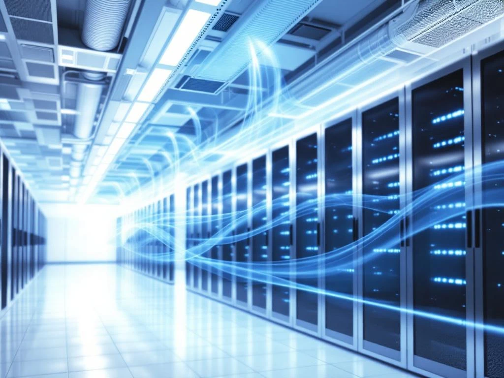 Modernes Rechenzentrum mit Serverracks und HEPA-Luftfilteranlage in steriler, weißer Industrieumgebung