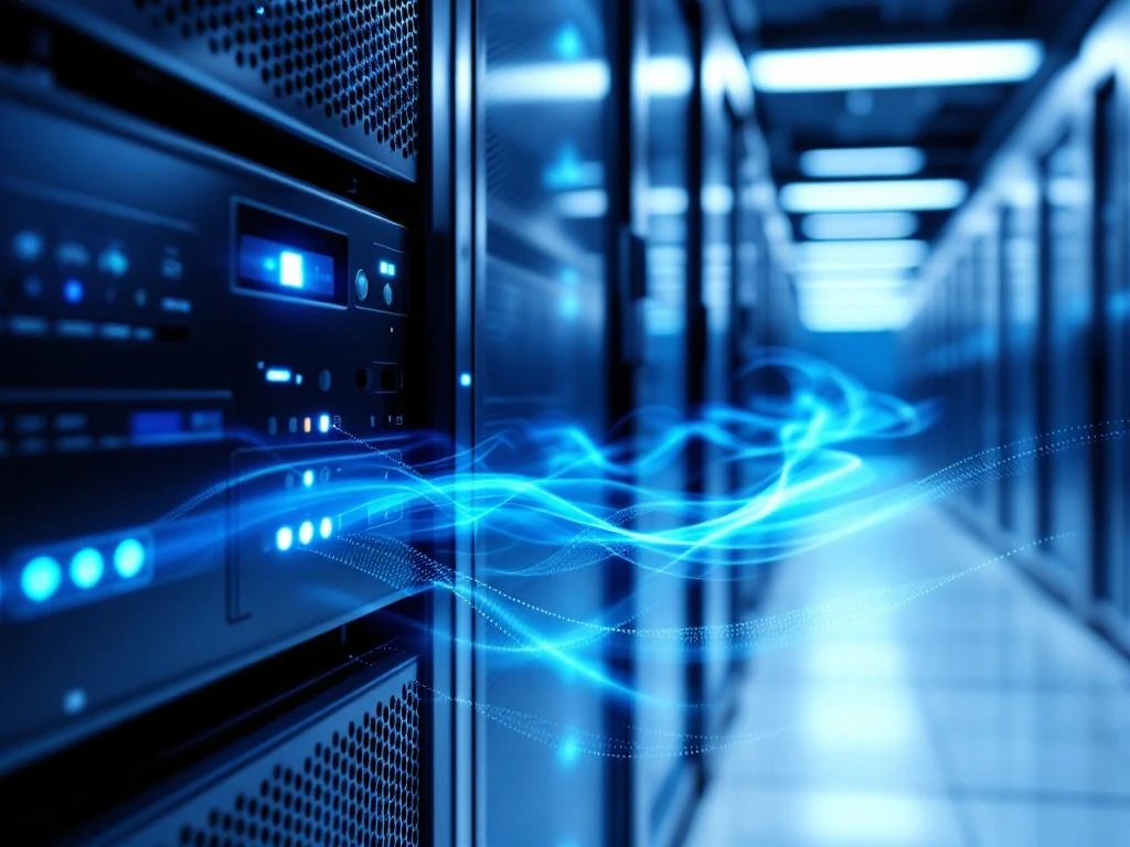 Modernes Rechenzentrum mit Server-Rack und Luftfilteranlage, blaue LED-Beleuchtung, minimalistisches Design