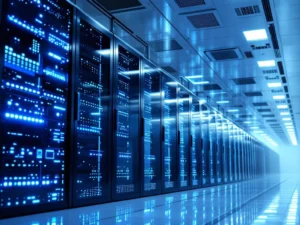 Serverraum mit schwarzen Server-Racks und blauer LED-Beleuchtung, saubere Lüftungsanlage an weißer Decke