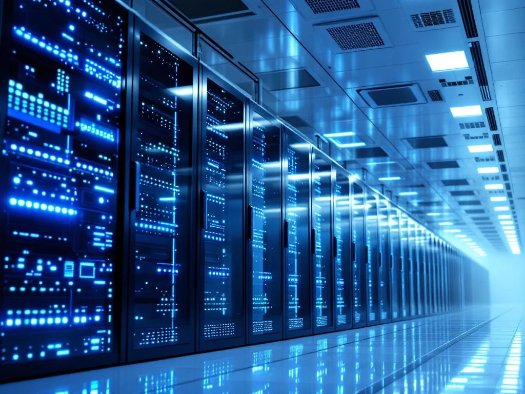 Serverraum mit schwarzen Server-Racks und blauer LED-Beleuchtung, saubere Lüftungsanlage an weißer Decke