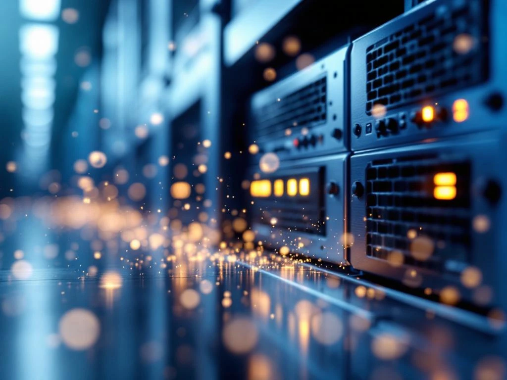 Moderner Server-Rack mit metallischen Oberflächen und sichtbaren Staubpartikeln in der Luft, blaue LED-Beleuchtung