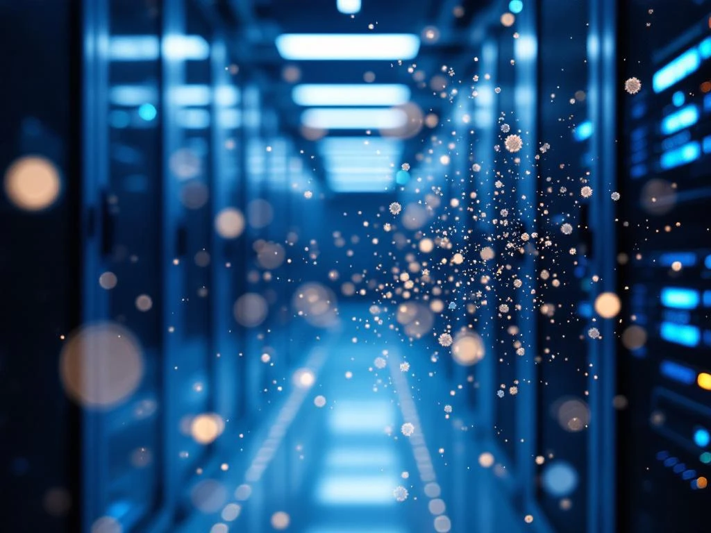 Serverrack in Rechenzentrum mit sichtbaren Staubpartikeln in der Luft, beleuchtet durch LED-Licht und dramatische Hintergrundbeleuchtung