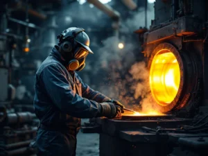 Stahlarbeiter in Schutzausrüstung arbeitet an glühendem Industrieofen mit Dampf und Belüftungssystemen im Hintergrund