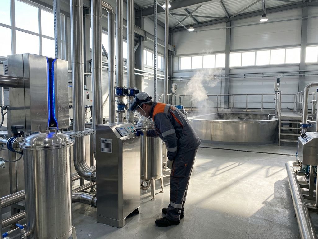 Arbeiter in Schutzausrüstung prüft Luftfiltersystem in moderner Abwasserbehandlungsanlage mit Metallrohren