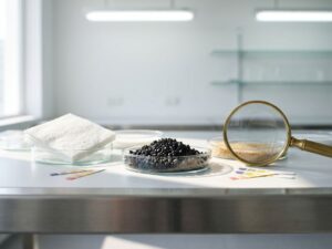 Laborarbeitstisch mit Filtermedien-Proben in Petrischalen, Aktivkohle-Granulat, HEPA-Filter und Lupe zur Analyse