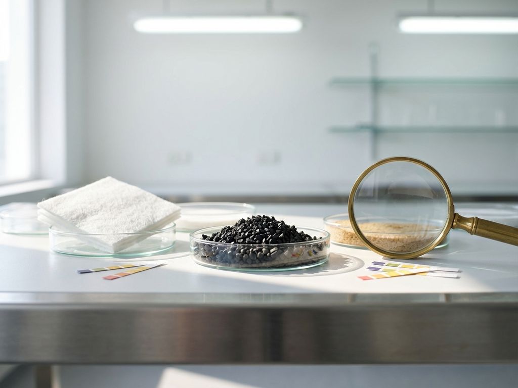 Laborarbeitstisch mit Filtermedien-Proben in Petrischalen, Aktivkohle-Granulat, HEPA-Filter und Lupe zur Analyse