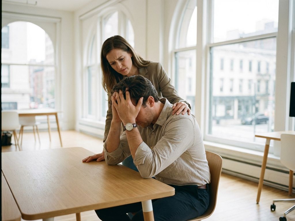 Büroangestellter hält erschöpft den Kopf in den Händen, während besorgter Manager dahinter steht