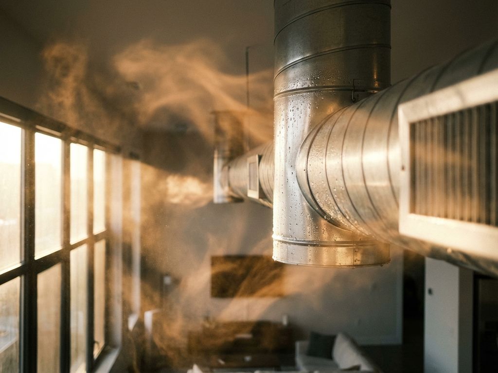 Modernes Lüftungssystem mit Kondensationstropfen auf Metallrohren, warme Sonnenstrahlen beleuchten Feuchtigkeit