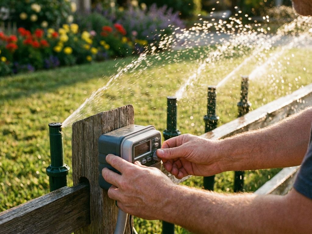 Hausbesitzer stellt automatisches Bewässerungssystem im Garten ein, Sprinkler bewässern grünen Rasen im Morgenlicht