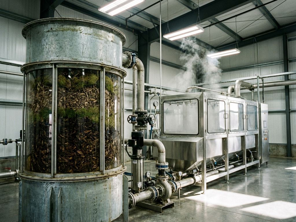 Industrielle Luftreinigungsanlage mit zylindrischem Biofilter und metallischem Biowäscher in moderner Fabrikhalle