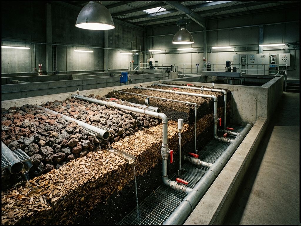 Querschnitt eines industriellen Biofiltersystems mit organischen Filtermedien, Vulkangestein und Rohrleitungen