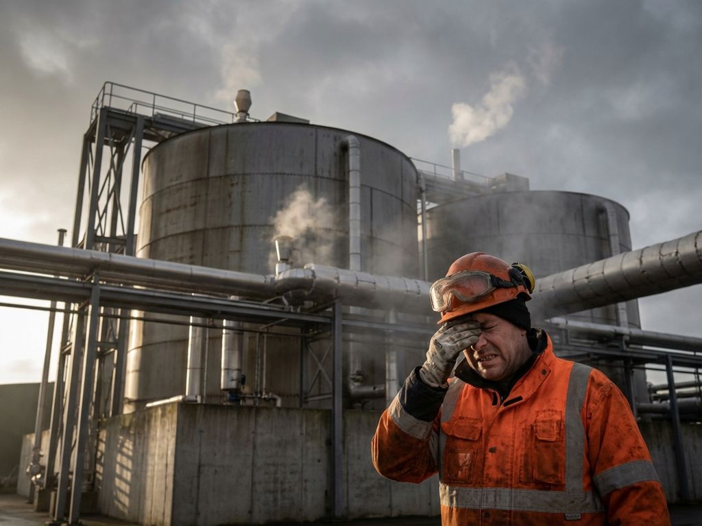 Arbeiter in Schutzausrüstung hält sich die Nase zu vor Biogasanlage mit Fermentationstanks und aufsteigenden Dämpfen