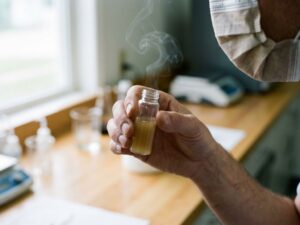 Hand hält Glasfläschchen mit trüber Chemikalie und Dampf in Labor, vorsichtige Haltung nahe Gesicht