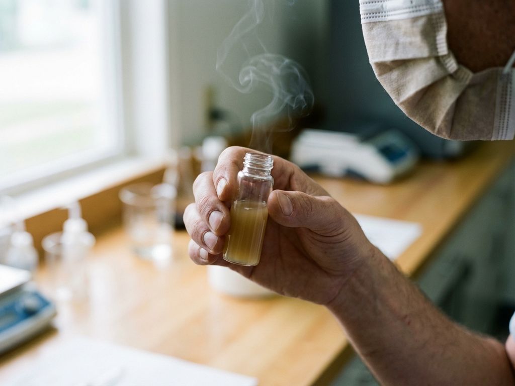 Hand hält Glasfläschchen mit trüber Chemikalie und Dampf in Labor, vorsichtige Haltung nahe Gesicht