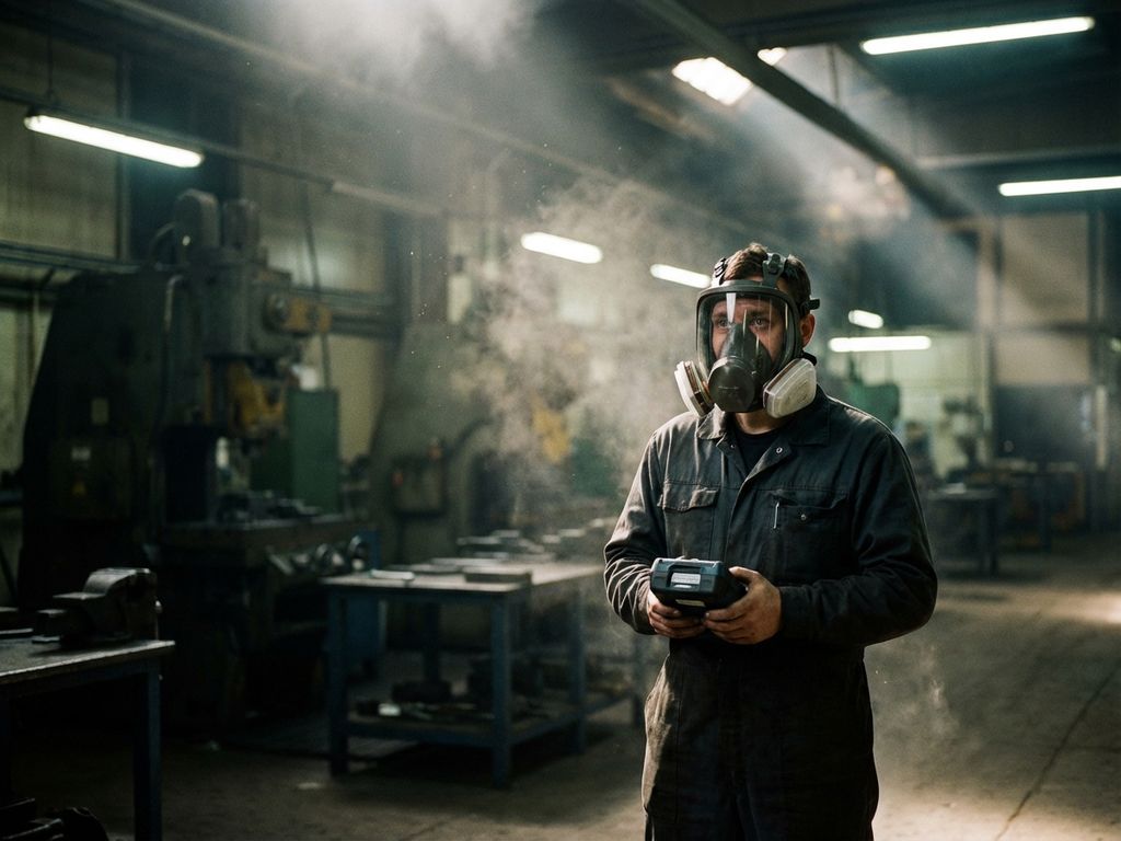 Fabrikarbeiter mit Atemschutzmaske prüft Luftqualitätsmessgerät in staubiger Industriehalle mit sichtbaren Partikeln