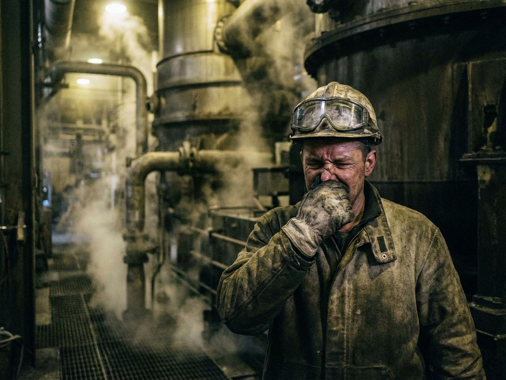 Fabrikarbeiter in Schutzausrüstung hält sich die Nase zu, umgeben von Dampf und Industriemaschinen