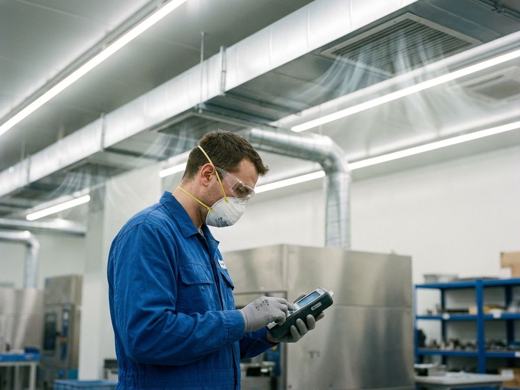 Fabrikarbeiter mit Schutzmaske prüft Luftqualitätsmessgerät in moderner Industrieanlage mit Belüftungssystem