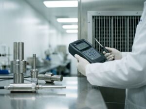 Wissenschaftler in weißem Laborkittel hält digitales Geruchsmessgerät neben Industrielüftung im sterilen Labor