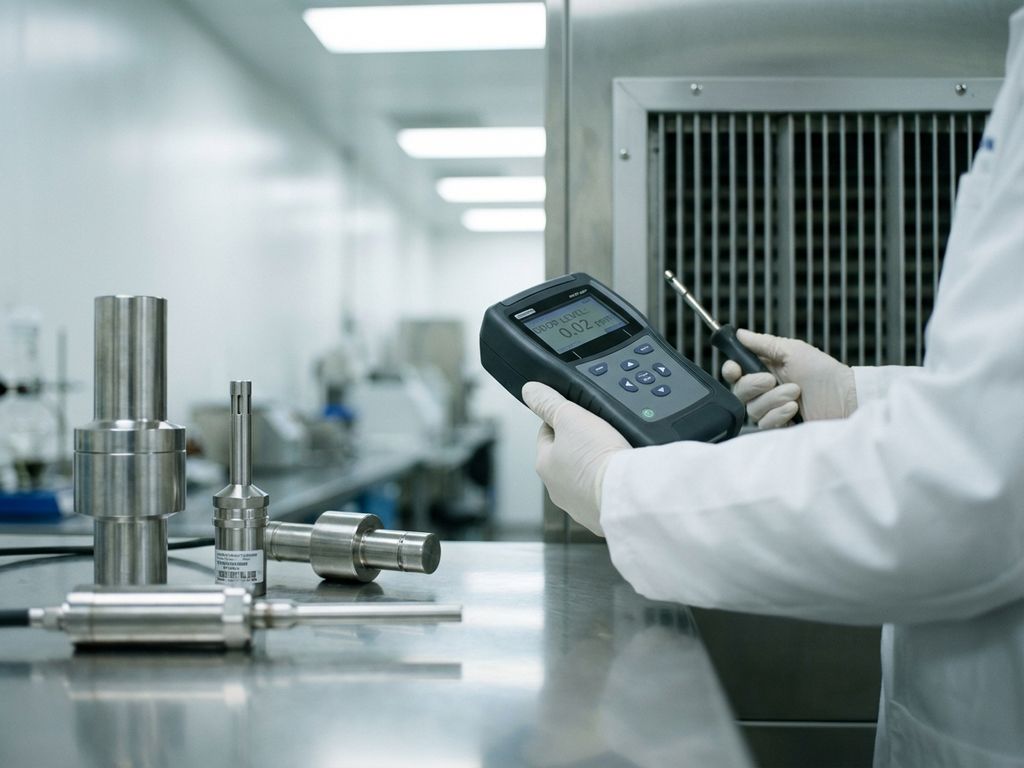 Wissenschaftler in weißem Laborkittel hält digitales Geruchsmessgerät neben Industrielüftung im sterilen Labor