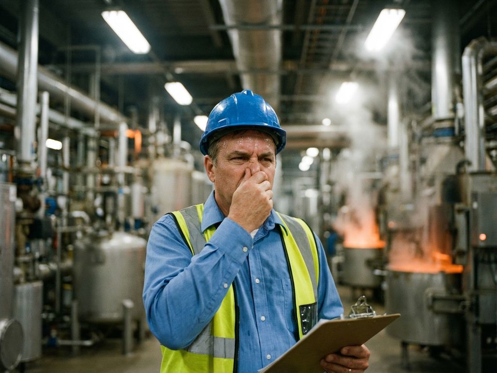 Besorgter Anlagenleiter hält sich die Nase zu in heißer Industrieanlage mit aufsteigenden Hitzewellen von Maschinen