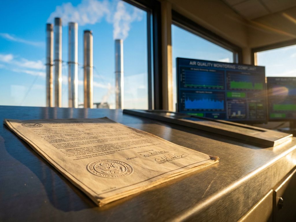 Regulierungsdokument auf Industrieanlage-Kontrollpanel mit Schornsteinen und Luftqualitäts-Monitoren im Hintergrund