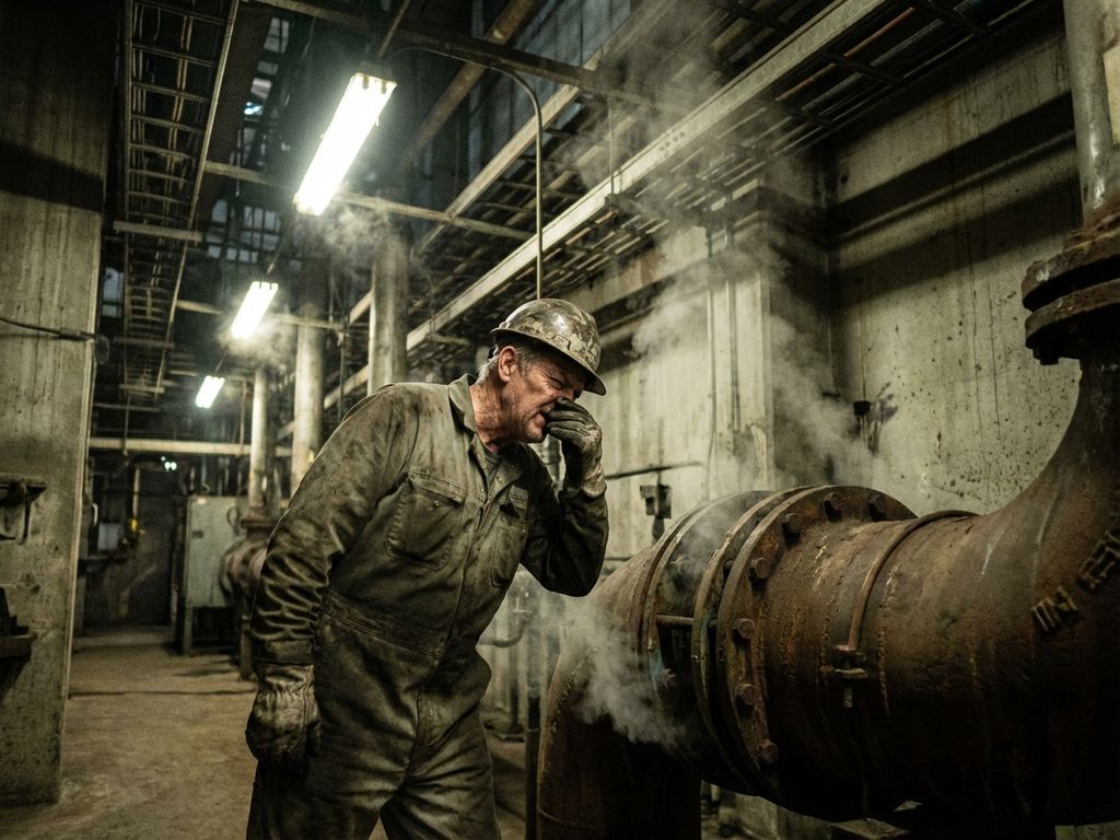 Industriearbeiter in Schutzausrüstung untersucht dampfendes Stahlrohr in schlecht beleuchteter Fabrikhalle