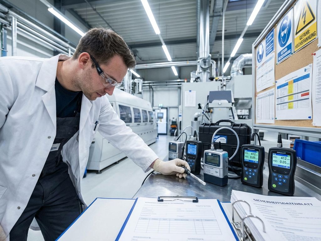 Industriehygieniker untersucht Luftqualitätsmessgeräte in deutscher Fabrik mit Sicherheitsdokumentation auf Arbeitstisch