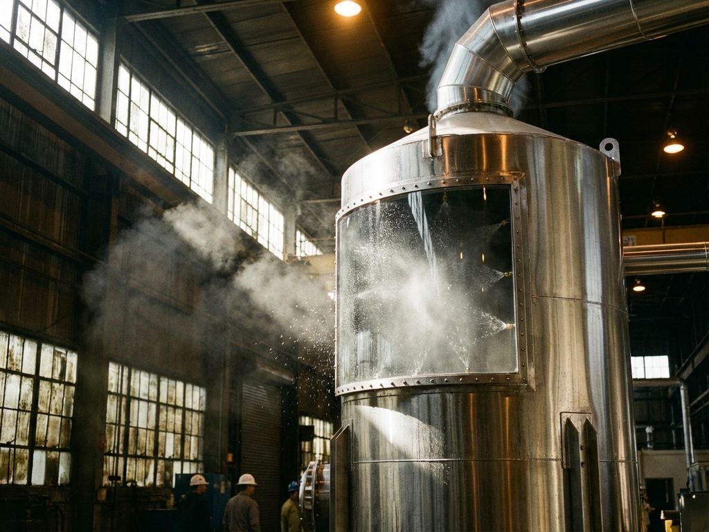 Industrielle Abluft-Waschanlage mit Wasserdüsen reinigt kontaminierte Luft in Edelstahlkammer mit Sichtfenstern