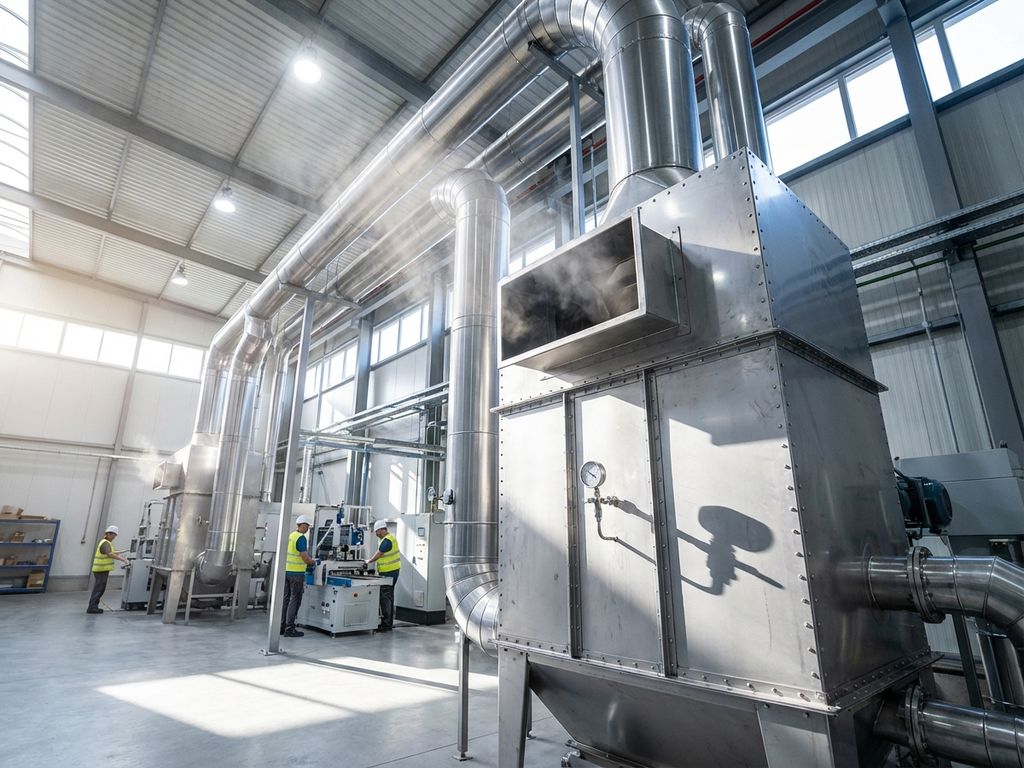 Industrielle Abluftanlage mit Stahlrohren und Filtersystemen in moderner Fabrik, Arbeiter bedienen Maschinen sicher