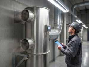 Industrielle Abluftfilteranlage mit zylindrischem Filter an Fabrikwand, Wartungstechniker prüft System mit Tablet