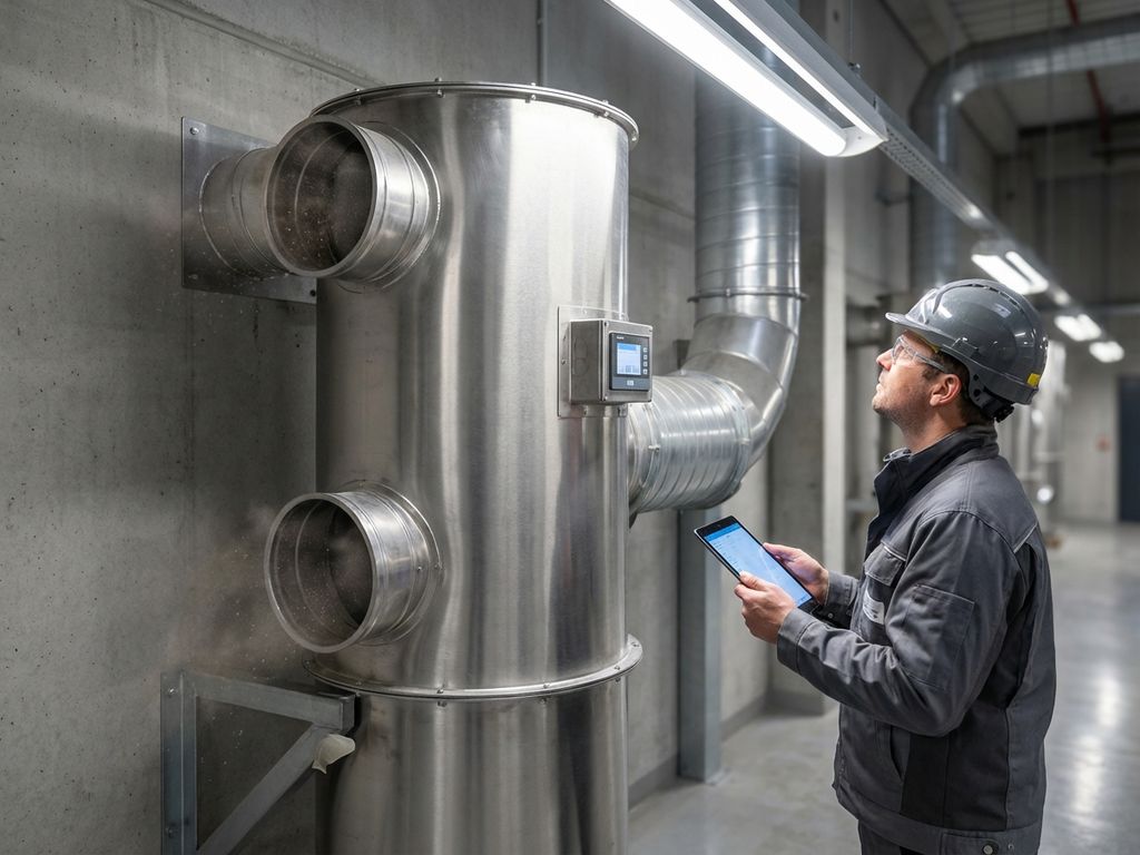 Industrielle Abluftfilteranlage mit zylindrischem Filter an Fabrikwand, Wartungstechniker prüft System mit Tablet
